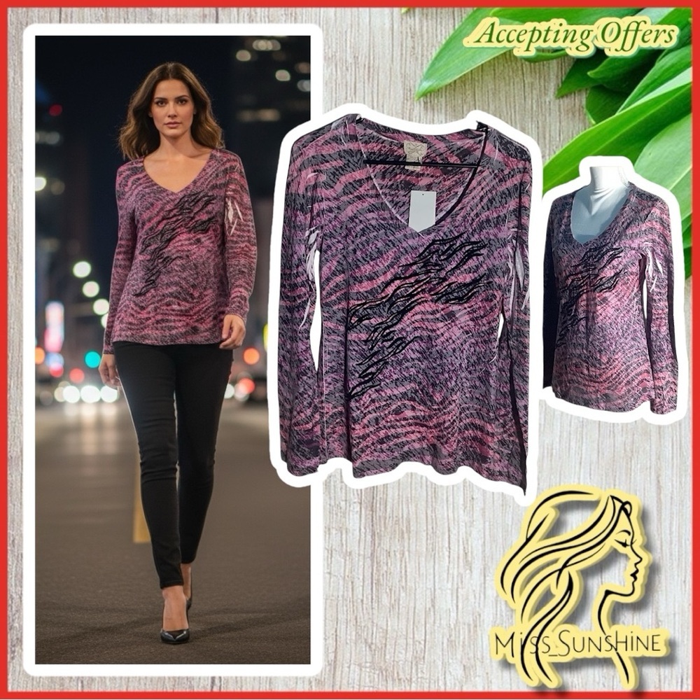 Eyelash Couture New - Sz Xl - Super Cool Long Sleeve - Pattern Transparent Top